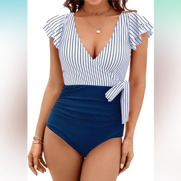 🆕 Tummy Control Slimming One Piece Bathing Suit Ruffle Wrap V Neck Swimwear - Picture 1 of 3